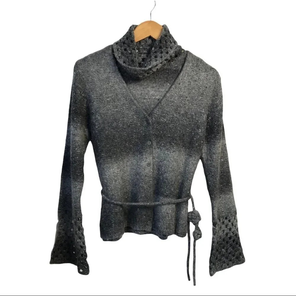 Y2K Shu Shu Wool‎ Blend  Belted Marled Granny Knit Cardigan & Turtleneck Set
